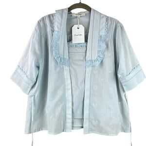 Simple Retro Lace Cotton Blouse Size M Light Blue Romantic New With Tag